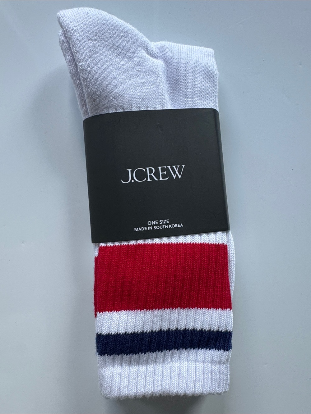 J. Crew White Athletic Crew Socks with Red & Navy Stripe